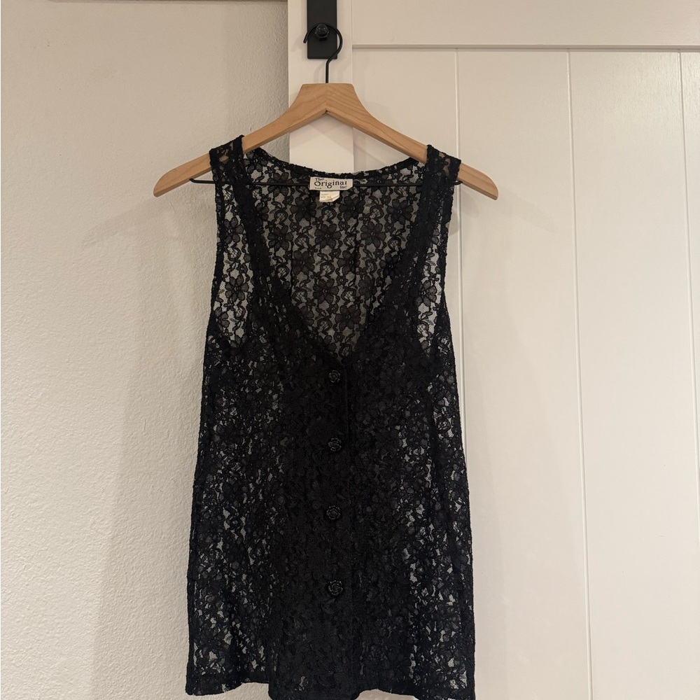 Vintage Black Lace Sleeveless Button Front Top